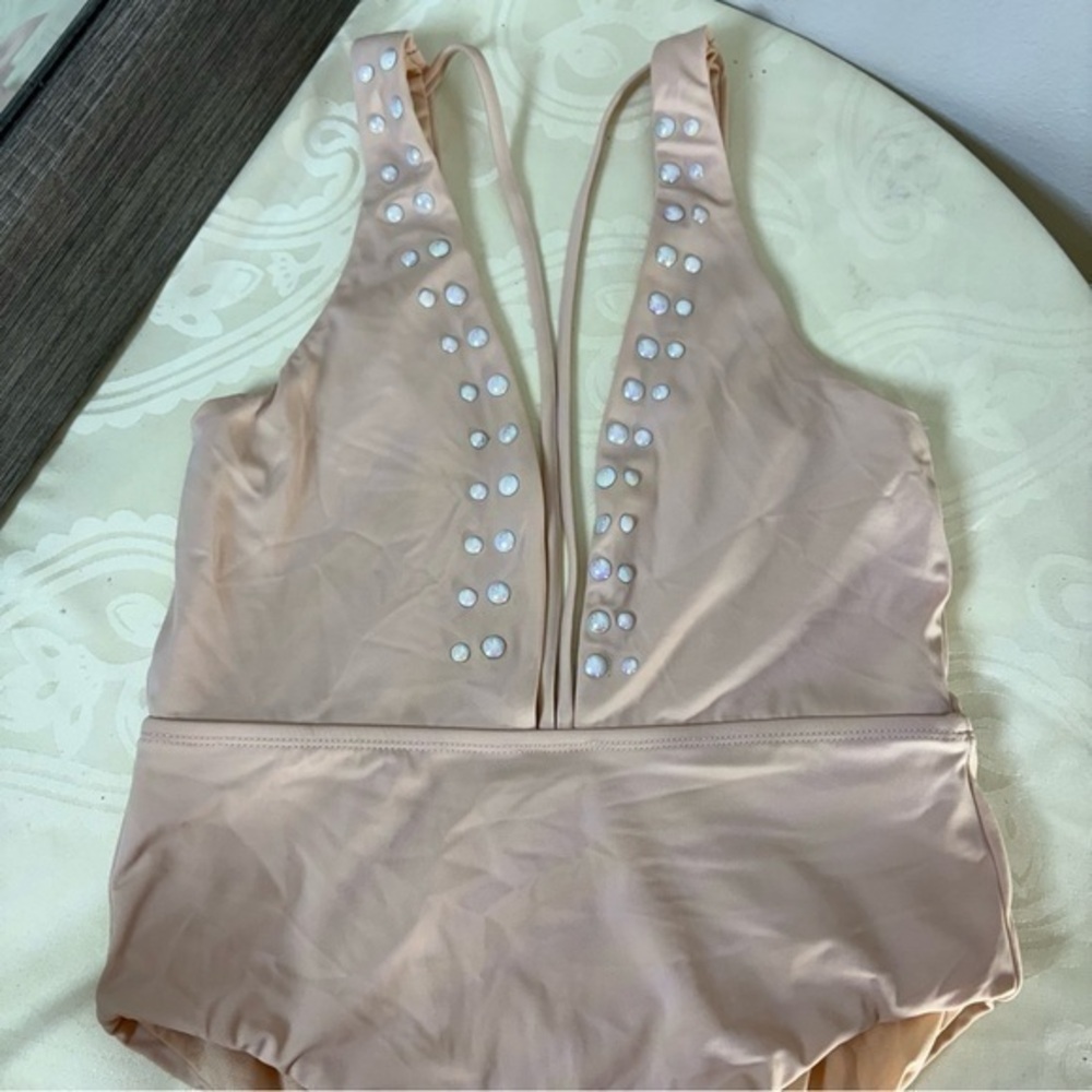Reef kaleidoscope nude plunge front strappy swimsuit with pearl accents